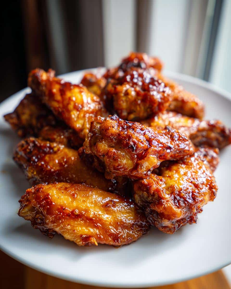 A close-up shot of a pile of glistening Honey Garlic Air Fryer Wings on a white plate.