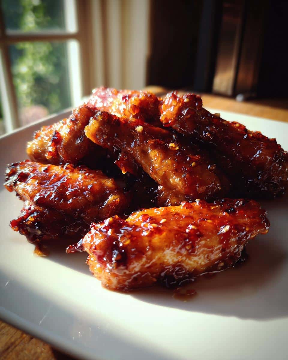 Close-up of glossy Honey Garlic Air Fryer Wings piled on a white plate, glistening with sauce.