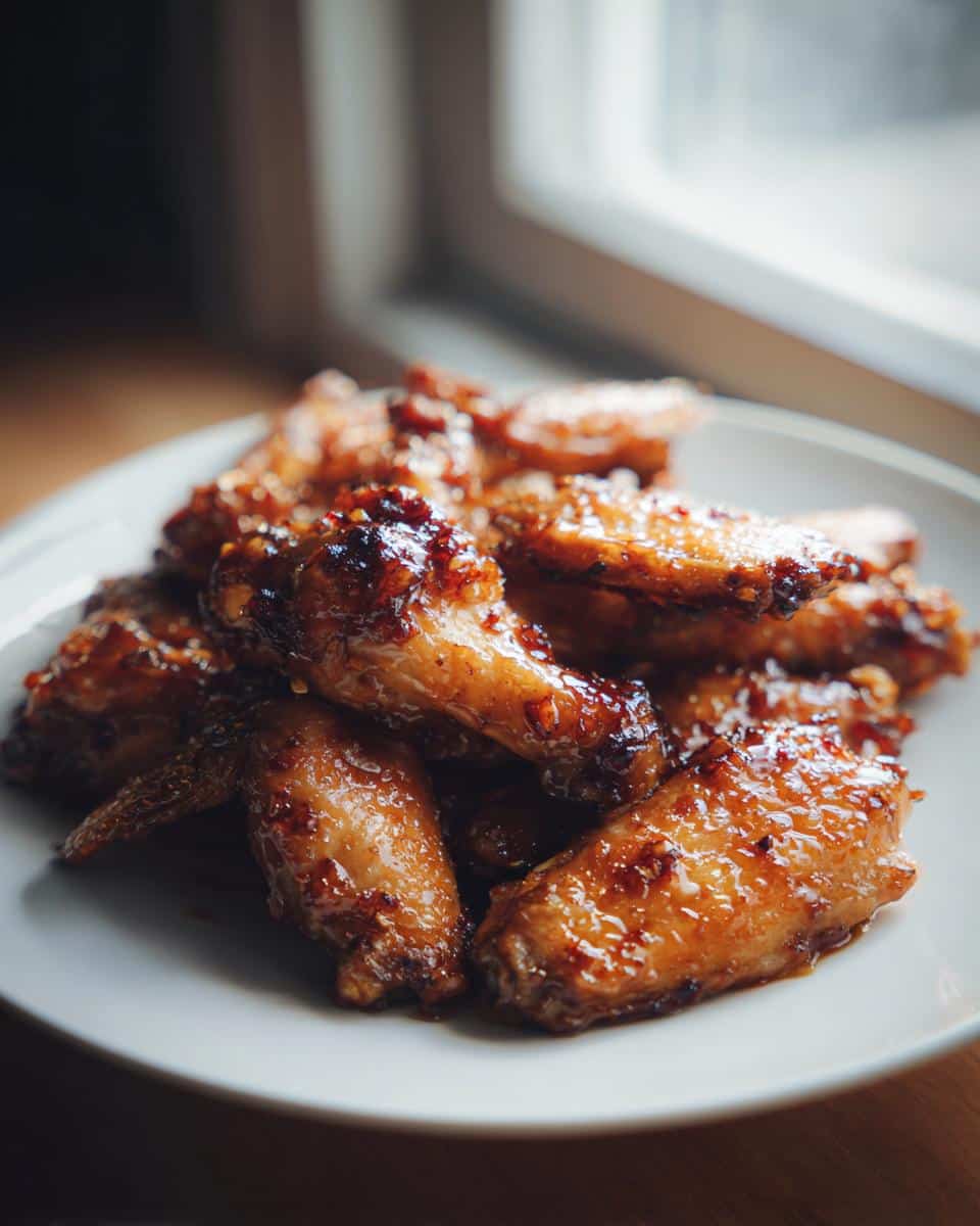 Close-up of a plate piled high with glistening Honey Garlic Air Fryer Wings.