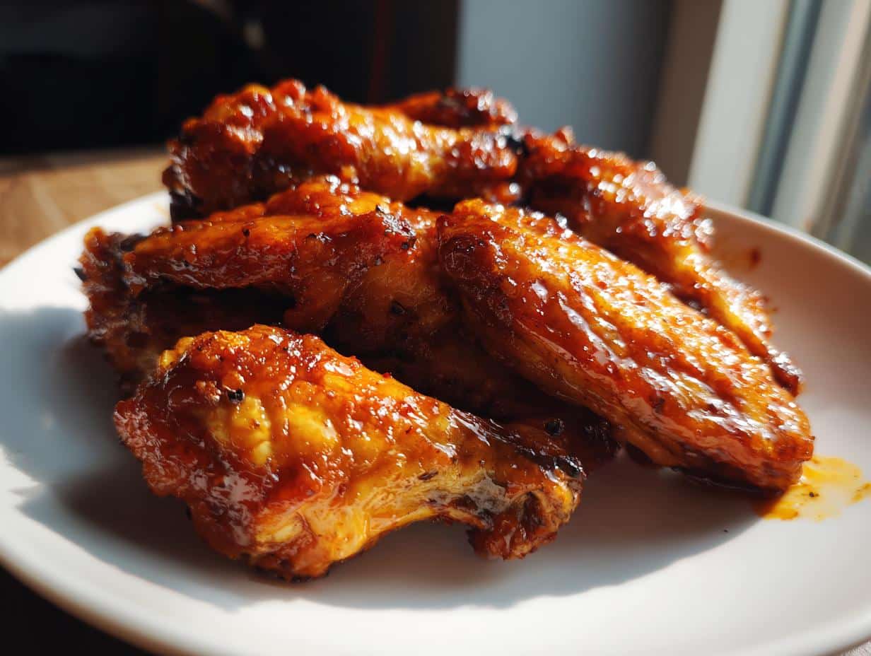 Close-up of a plate of glistening Honey Garlic Air Fryer Wings, perfectly cooked and coated in sauce.