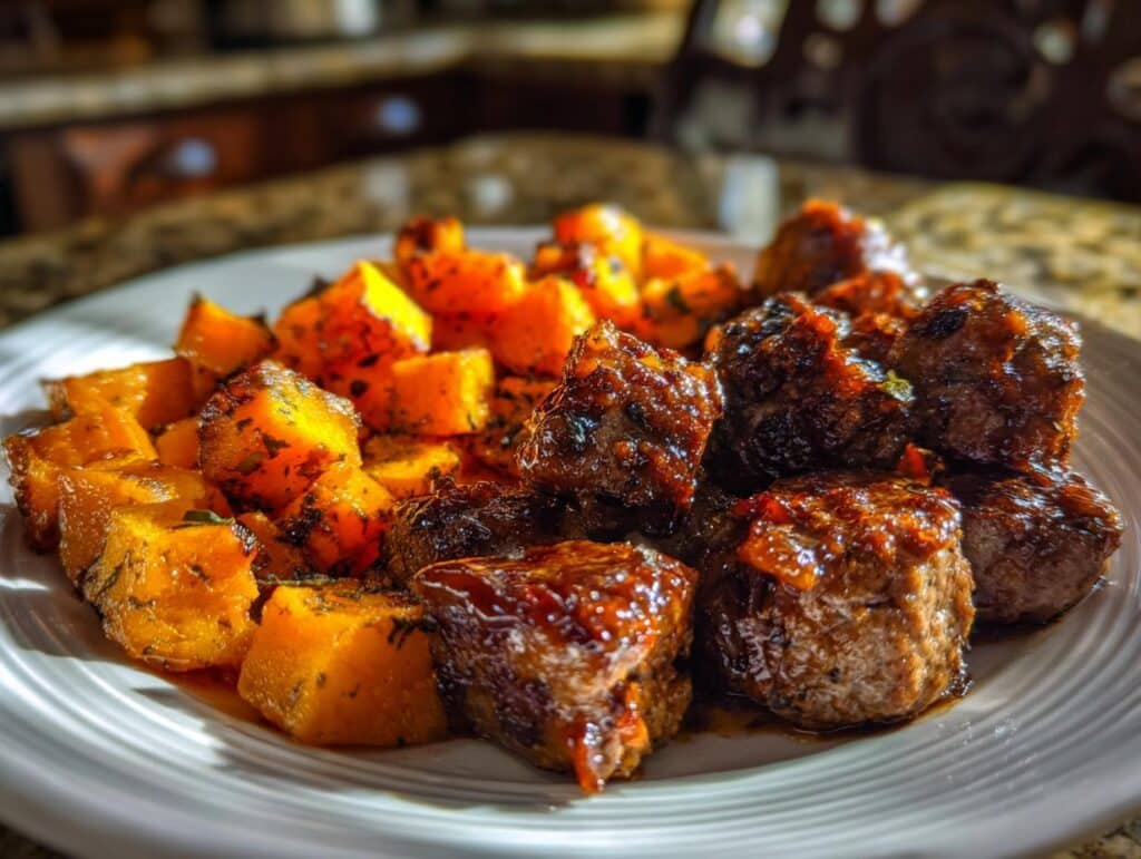 A close-up of Honey Garlic Sausage Sweet Potatoes on a white plate, featuring glazed sausage bites and roasted sweet potato cubes with herbs.