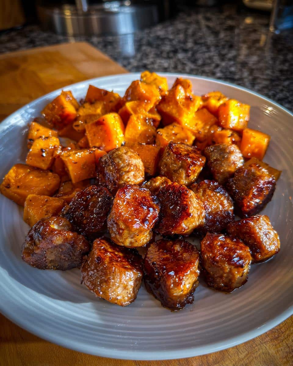 A close-up of Honey Garlic Sausage and Sweet Potatoes served in a bowl.
