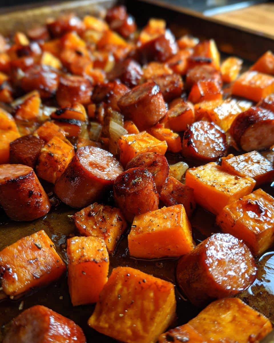 Close-up of roasted Honey Garlic Sausage Sweet Potatoes on a baking sheet, glistening with sauce.
