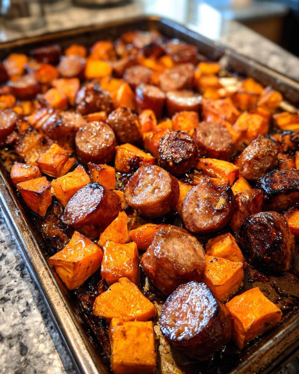 Close-up of Honey Garlic Sausage Sweet Potatoes roasted on a baking sheet, glistening with sauce.