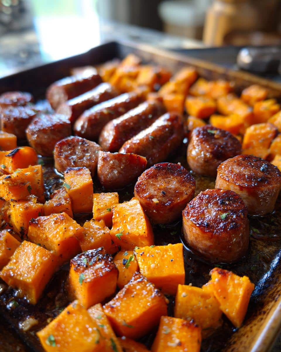 Close-up of Honey Garlic Sausage Sweet Potatoes roasted on a baking sheet, glistening with sauce and herbs.