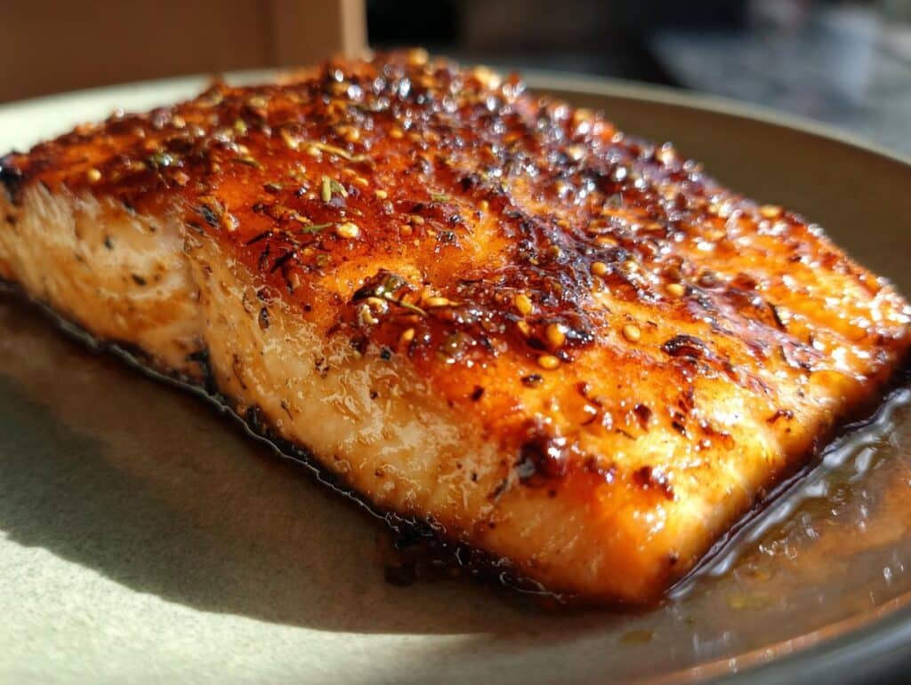 Close-up of a perfectly cooked Honey Glazed Air Fryer Salmon fillet on a plate, glistening with glaze and spices.