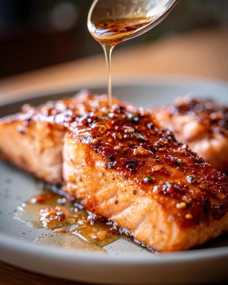 Close-up of a spoon drizzling honey glaze over perfectly cooked Honey Glazed Air Fryer Salmon.