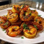 A close-up of a pile of glistening Honey Glazed Air Fryer Shrimp, garnished with chopped parsley.
