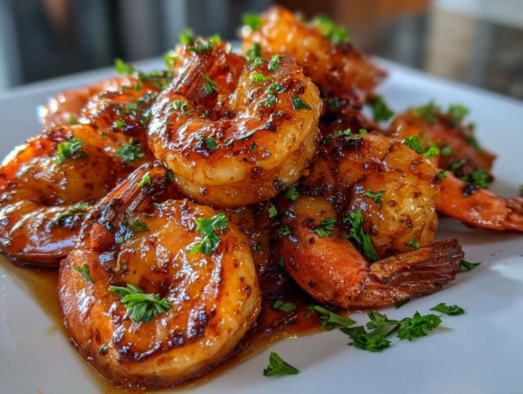 Close-up of glistening Honey Glazed Air Fryer Shrimp, garnished with fresh parsley.