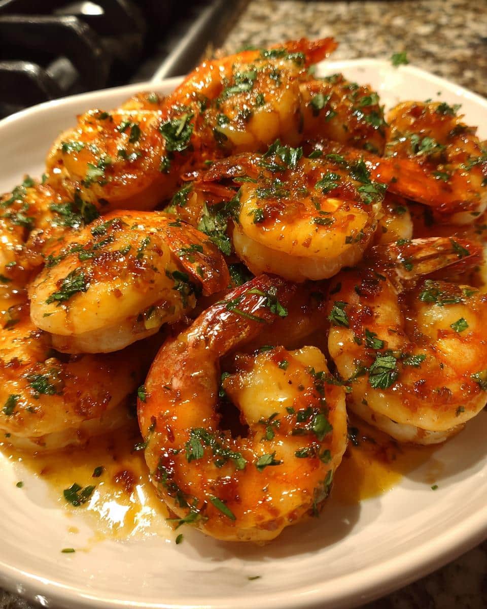 A close-up of a white bowl filled with glistening Honey Glazed Air Fryer Shrimp, garnished with chopped parsley.