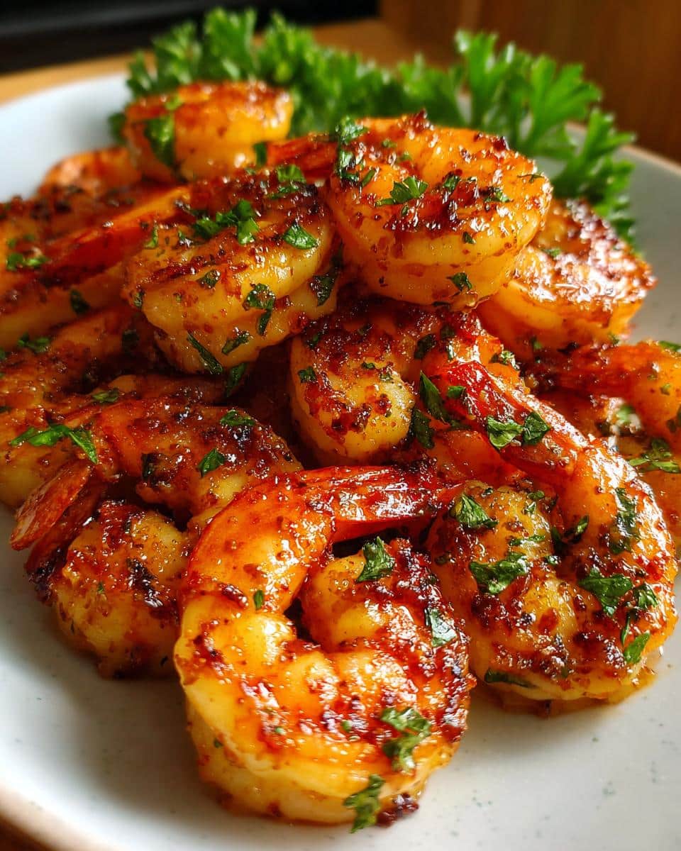 Close-up of glistening Honey Glazed Air Fryer Shrimp piled on a white plate, garnished with fresh parsley.