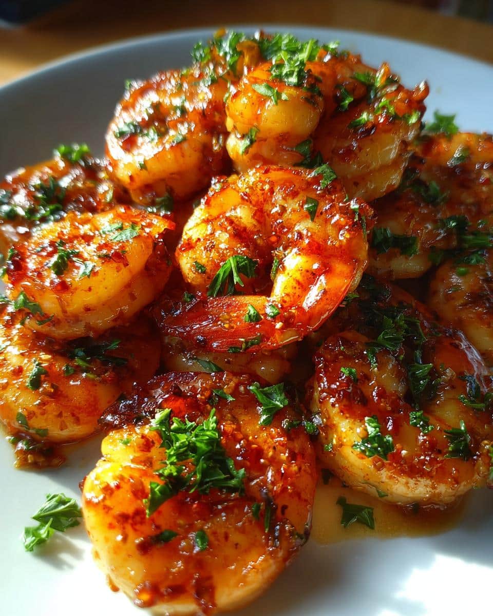Close-up of glistening Honey Glazed Air Fryer Shrimp, garnished with fresh parsley, piled high on a plate.