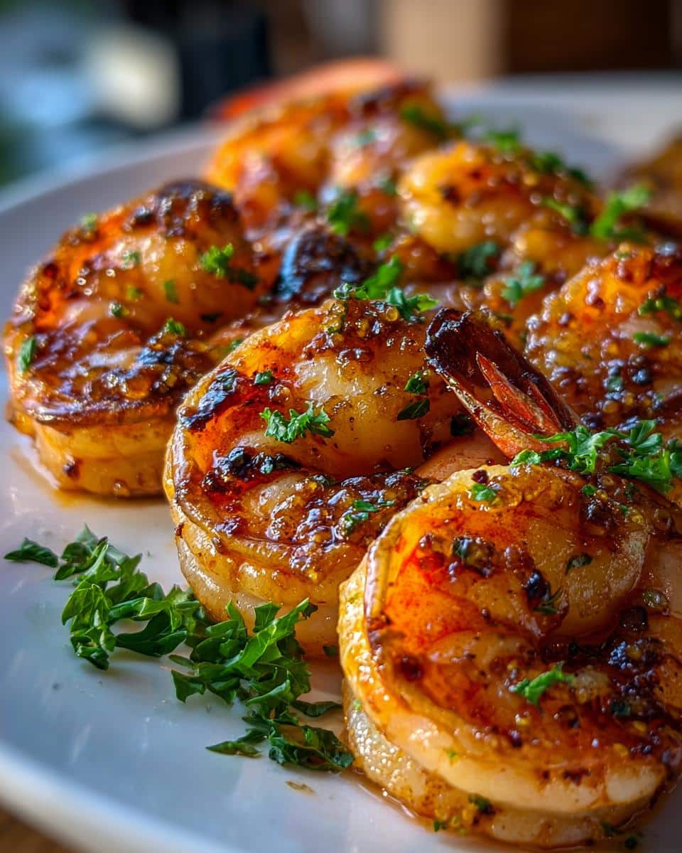 Close-up of glistening Honey Glazed Air Fryer Shrimp, garnished with fresh parsley.