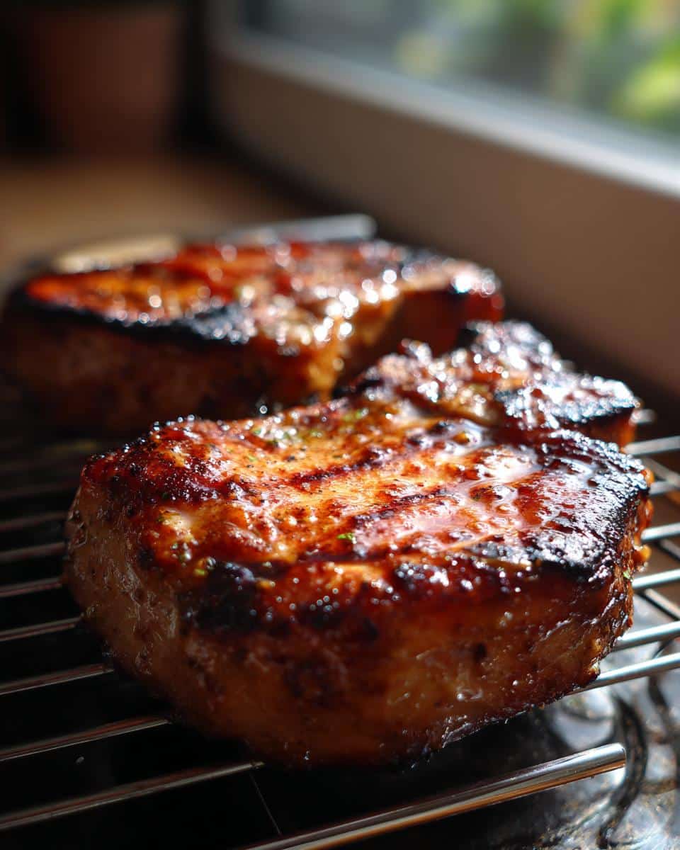 Close-up of two juicy Honey Mustard Air Fryer Pork Chops on a cooling rack, glistening with sauce.