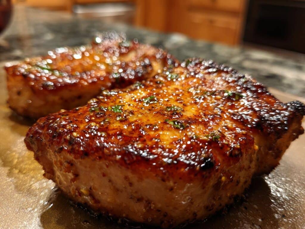 Close-up of two juicy Honey Mustard Air Fryer Pork Chops, glistening with a rich glaze and sprinkled with herbs.