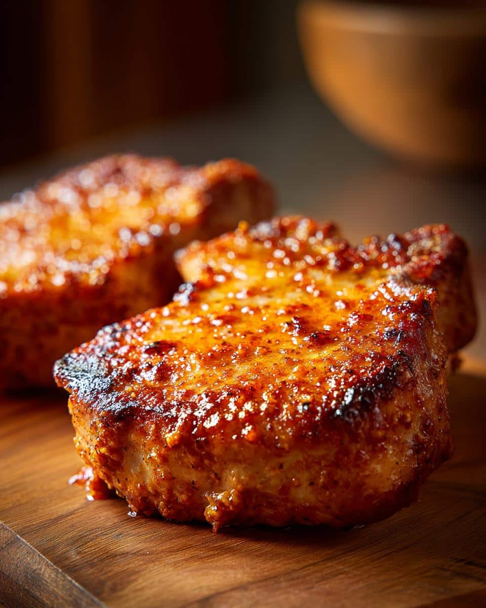 Close-up of two juicy Honey Mustard Air Fryer Pork Chops on a wooden board, glistening with sauce.