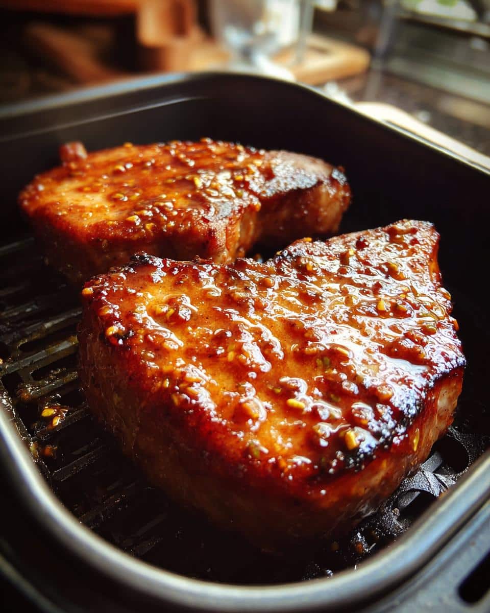 Close-up of two juicy Honey Mustard Air Fryer Pork Chops coated in a glistening sauce with visible mustard seeds.