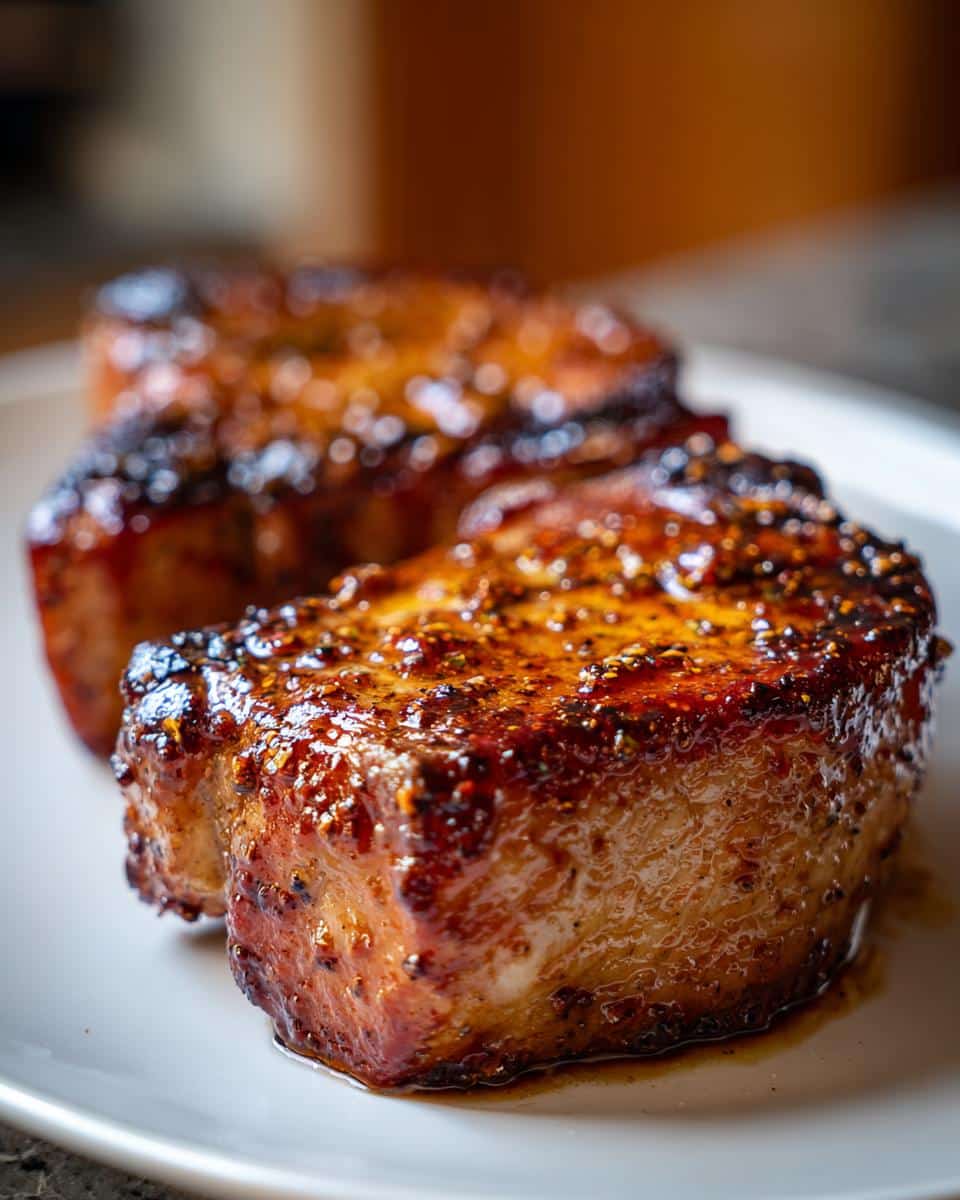 Close-up of juicy Honey Mustard Air Fryer Pork Chops glazed with a glistening sauce and spices.