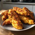A close-up shot of a plate filled with golden-brown, crispy Keto Air Fryer Tenders.