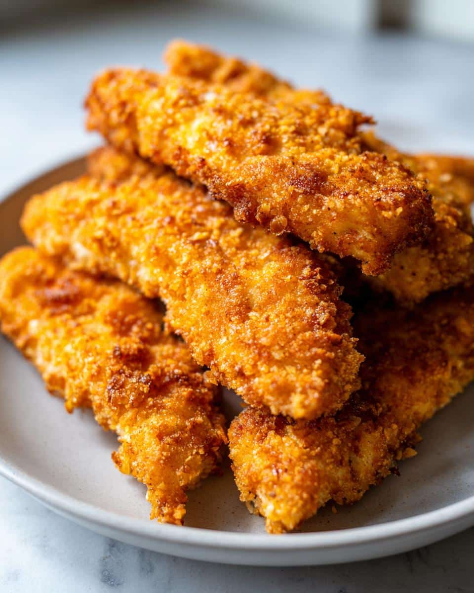 A close-up shot of a pile of golden-brown, crispy Keto Air Fryer Tenders on a light grey plate.