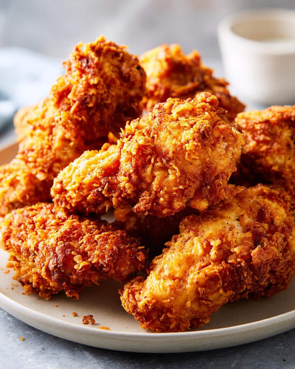 Close-up of golden brown, crispy Keto Air Fryer Tenders piled on a plate, ready to be dipped.