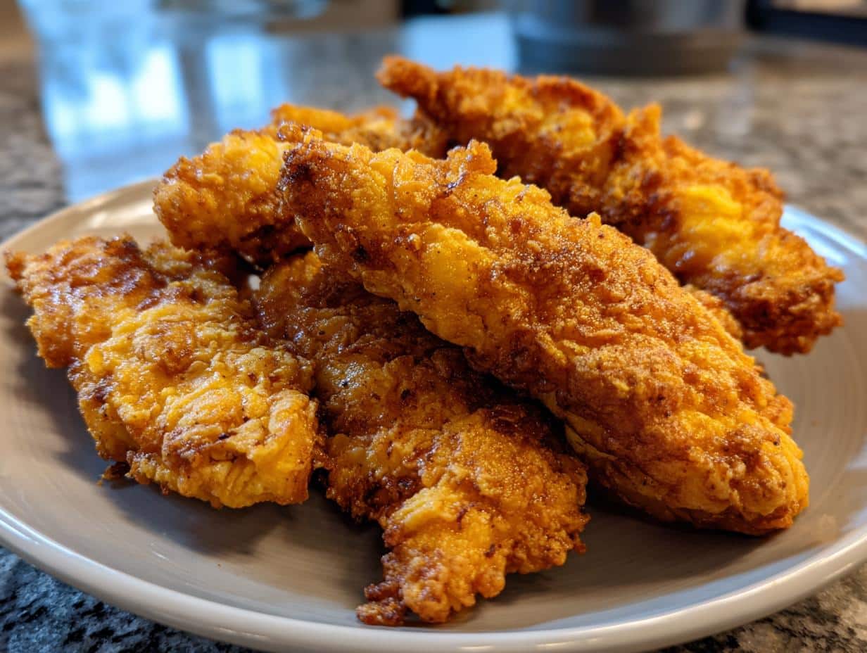 A close-up shot of a plate filled with golden-brown, crispy Keto Air Fryer Tenders.