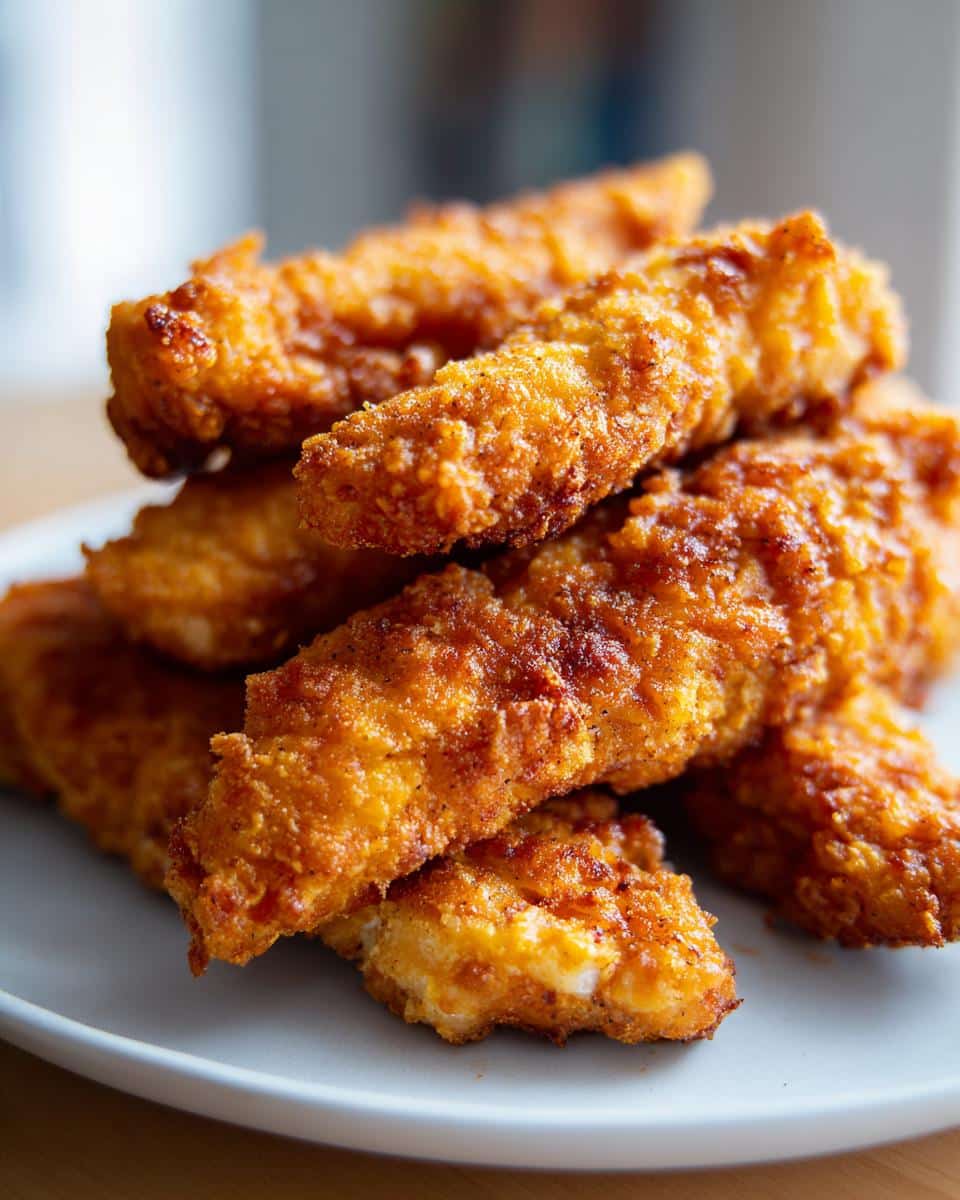 A close-up stack of golden-brown, crispy Keto Air Fryer Tenders on a white plate.