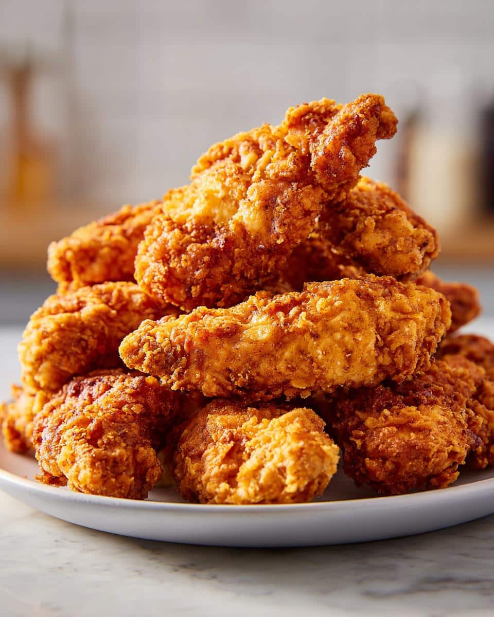 A close-up stack of golden-brown, crispy Keto Air Fryer Tenders on a white plate.