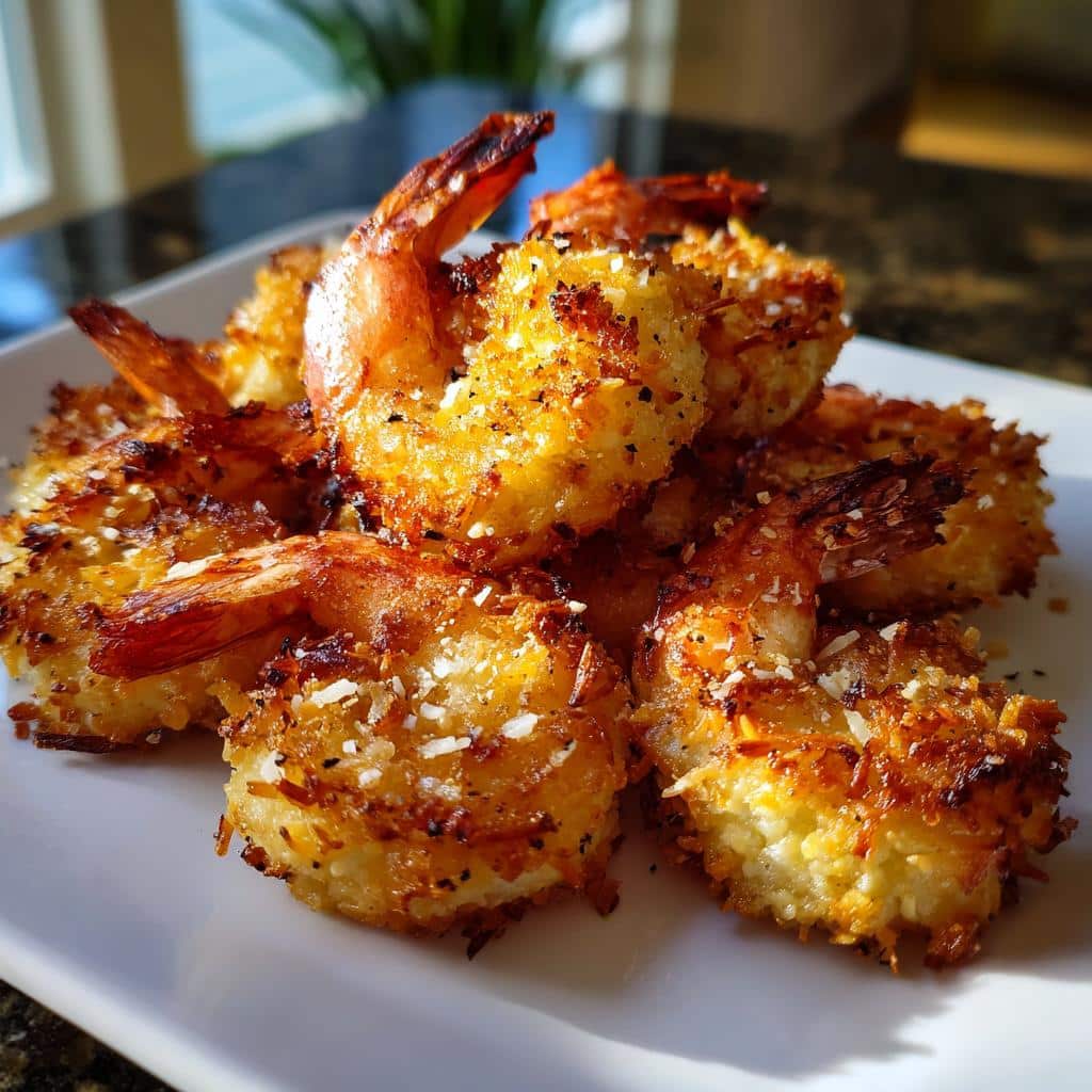 Close-up of golden brown, crispy coconut shrimp piled on a white plate, perfect for a Lazy Day Creamy Chicken & Rice Casserole.