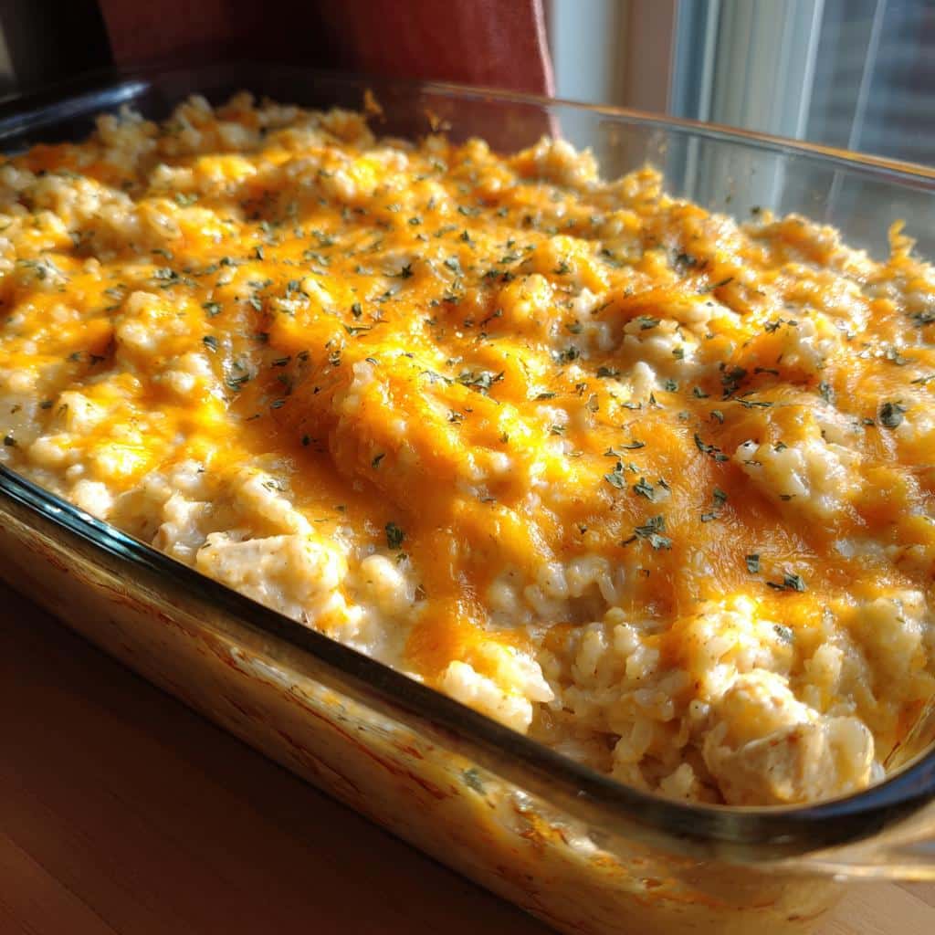 Close-up of a bubbling Lazy Day Creamy Chicken & Rice Casserole topped with melted cheddar cheese and parsley.