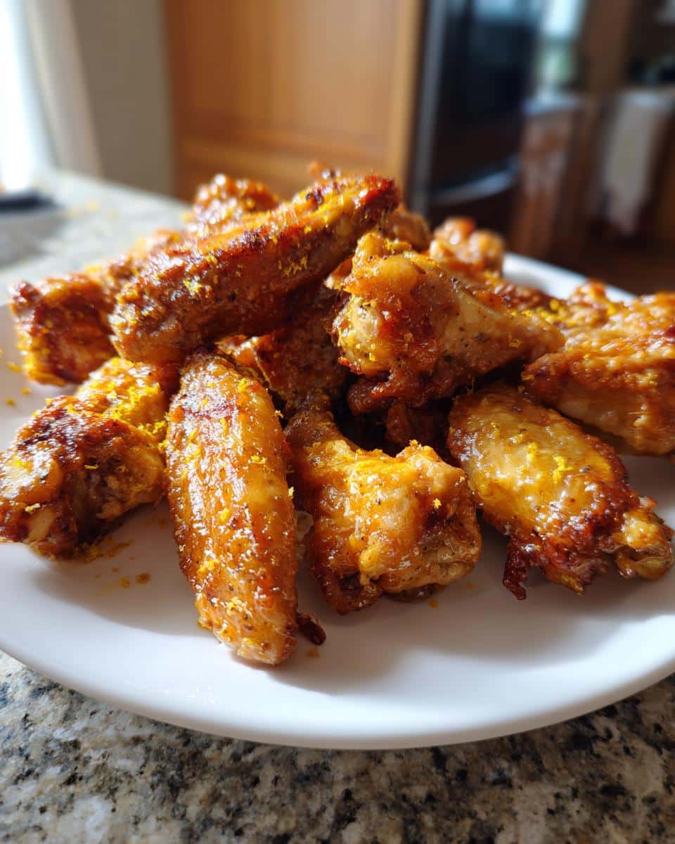 A pile of golden brown, crispy Lemon Pepper Air Fryer Wings sprinkled with zest on a white plate.