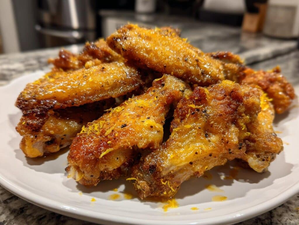 A pile of golden brown Lemon Pepper Air Fryer Wings seasoned with black pepper and lemon zest on a white plate.