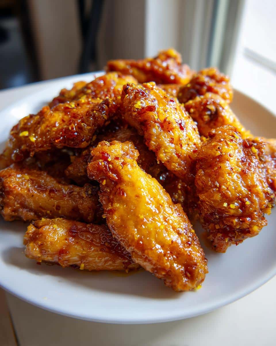 A close-up shot of a pile of golden-brown Lemon Pepper Air Fryer Wings coated in a glistening sauce with visible pepper flakes and lemon zest.