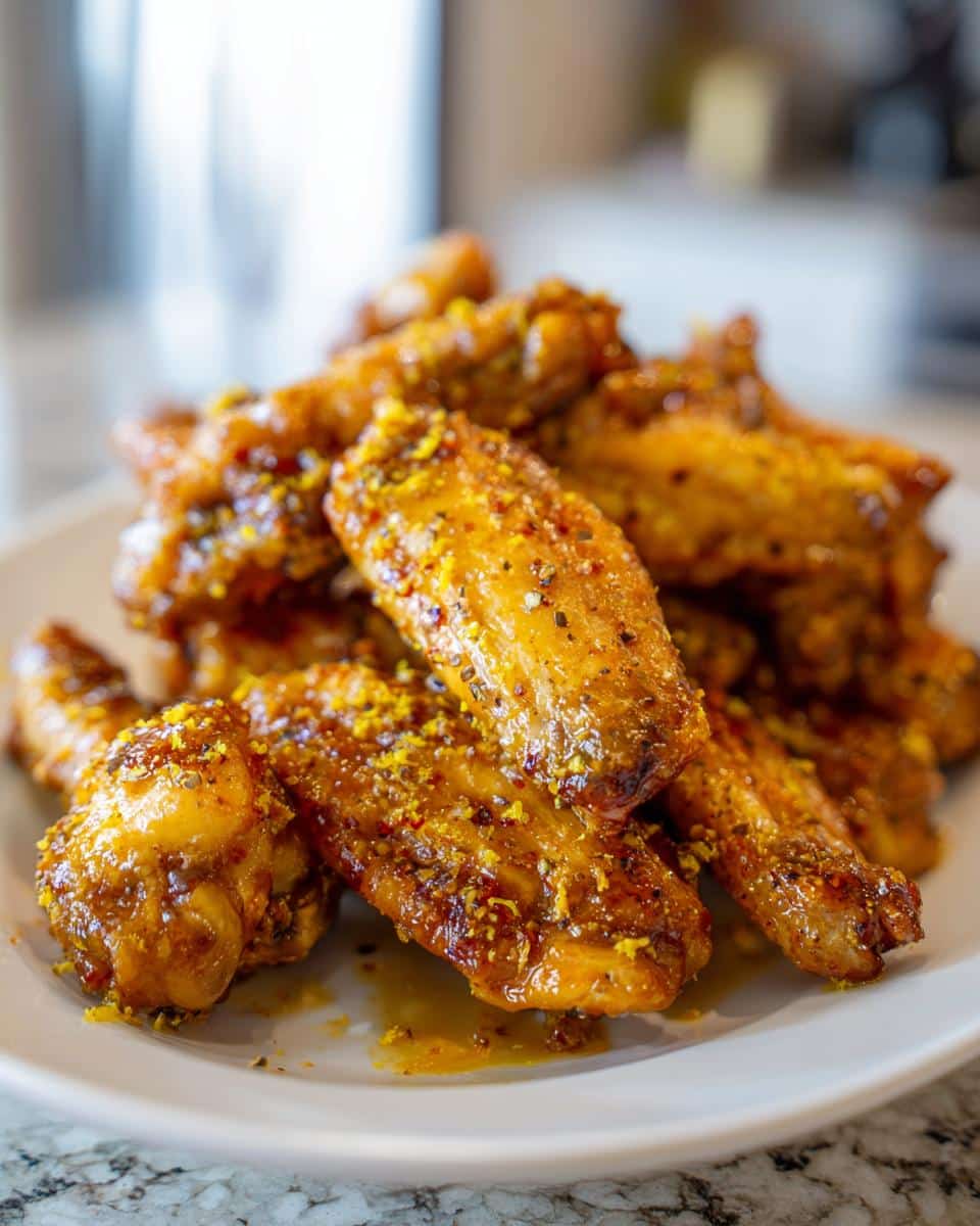A close-up shot of a pile of golden-brown Lemon Pepper Air Fryer Wings seasoned with spices and herbs on a white plate.