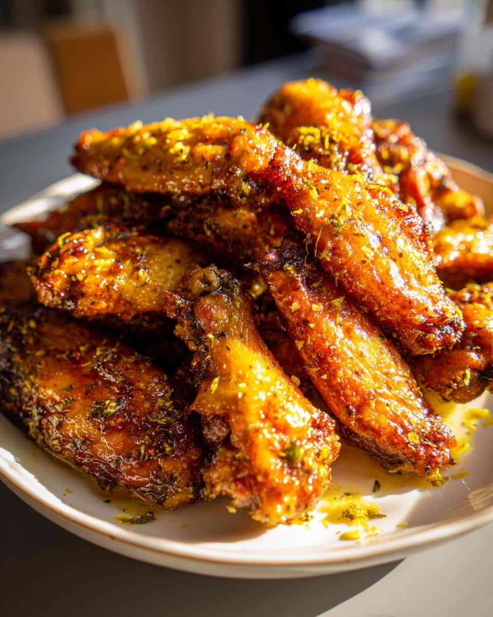 A close-up shot of a pile of golden-brown Lemon Pepper Air Fryer Wings, seasoned with herbs and lemon zest.