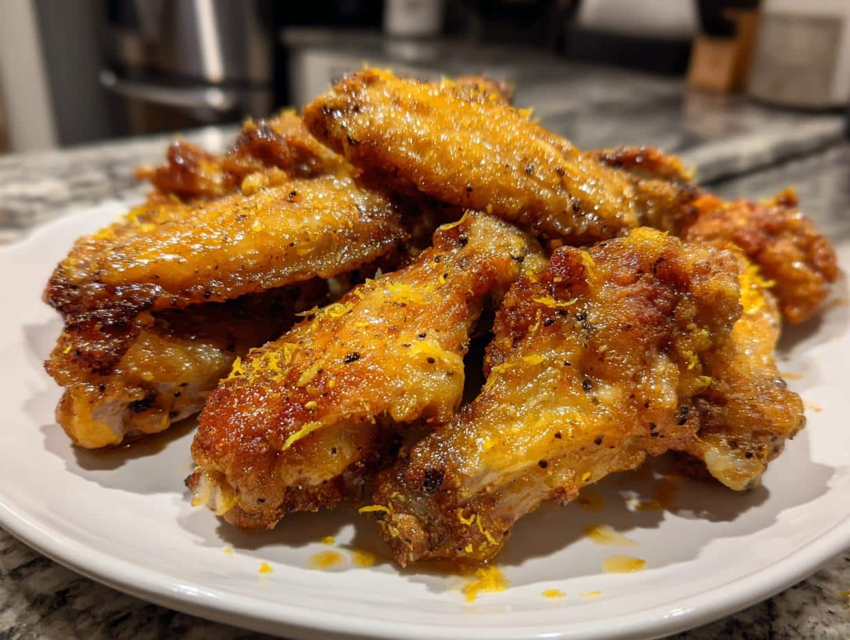 A pile of golden brown Lemon Pepper Air Fryer Wings seasoned with black pepper and lemon zest on a white plate.