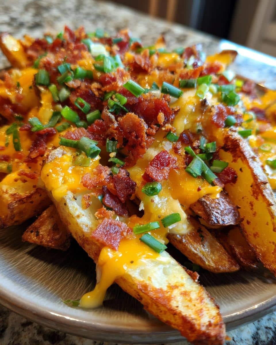 A close-up of Loaded Cheesy Potato Wedges topped with crispy bacon bits and fresh chives.