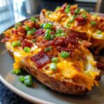Close-up of Loaded Cheesy Potato Wedges topped with melted cheddar cheese, crispy bacon, and chopped green onions.