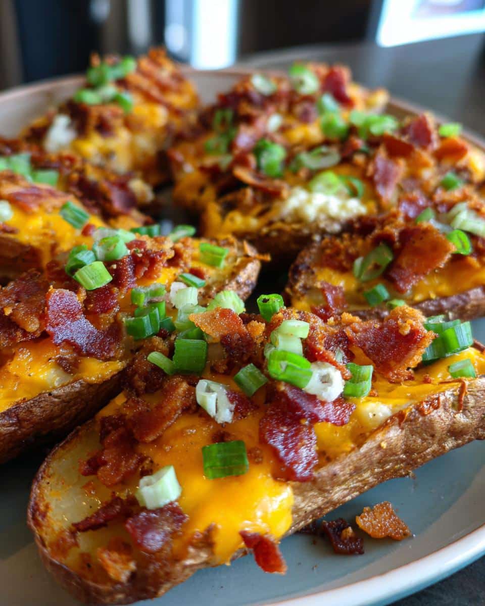 Close-up of Loaded Cheesy Potato Wedges topped with melted cheddar cheese, crispy bacon bits, and fresh green onions.