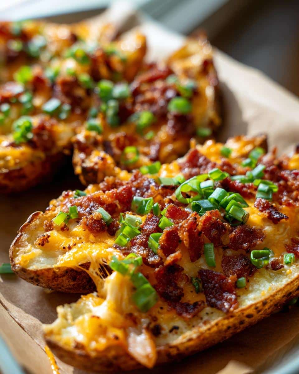 Close-up of Loaded Cheesy Potato Wedges topped with crispy bacon bits and fresh green onions.