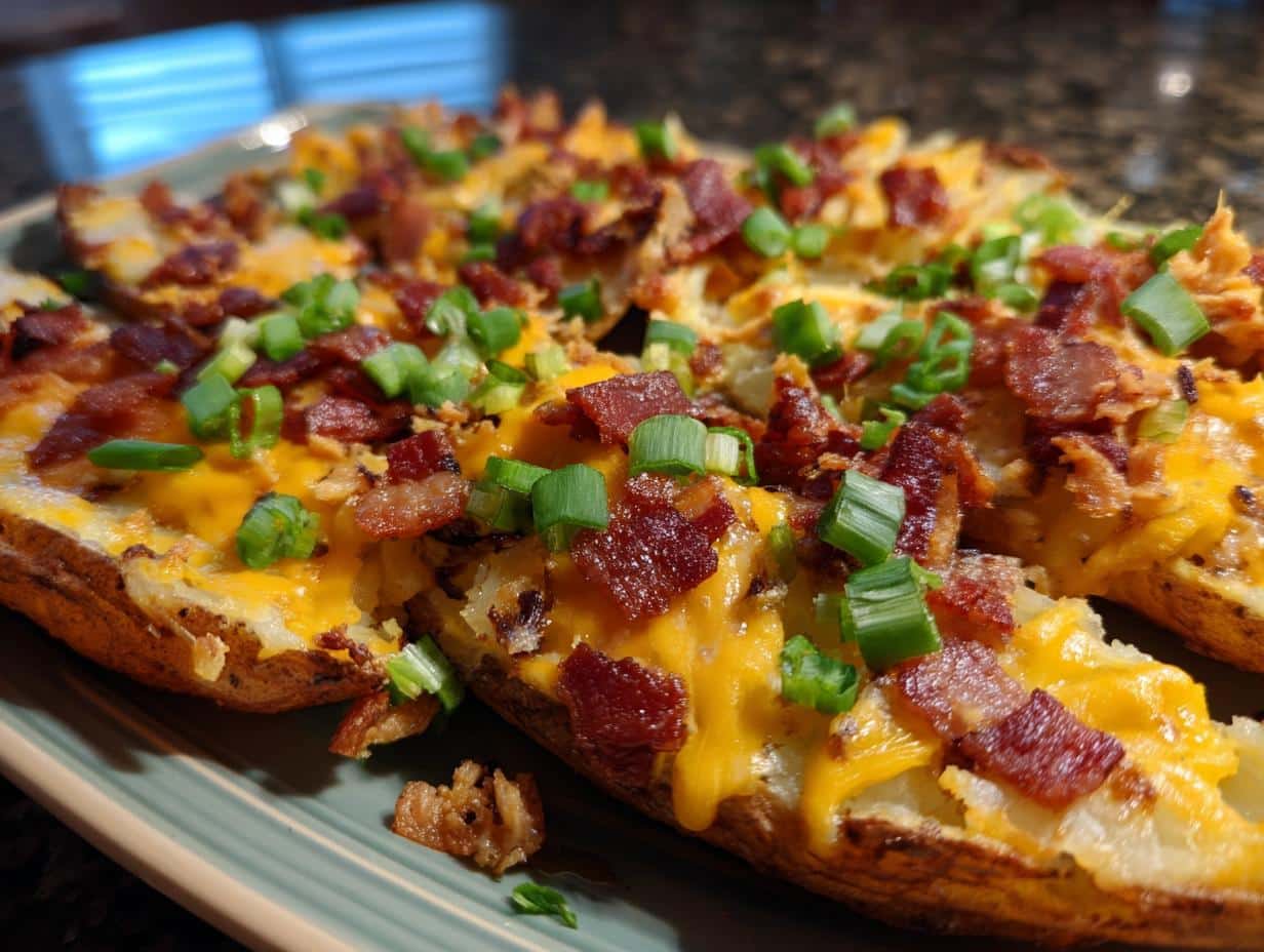Close-up of Loaded Cheesy Potato Wedges topped with melted cheddar cheese, crispy bacon bits, and fresh green onions.