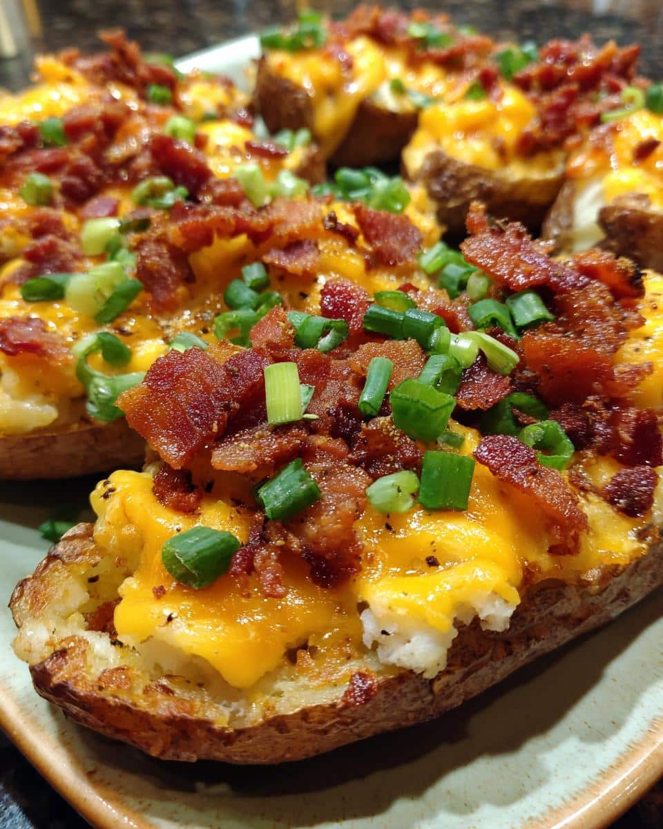 Close-up of Loaded Cheesy Potato Wedges topped with melted cheddar cheese, crispy bacon bits, and fresh green onions.