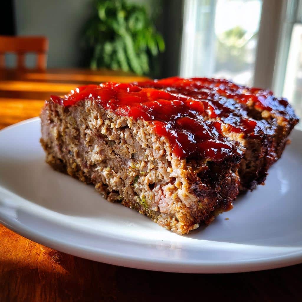 A close-up of a slice of meatloaf topped with a glistening glaze, served on a white plate.