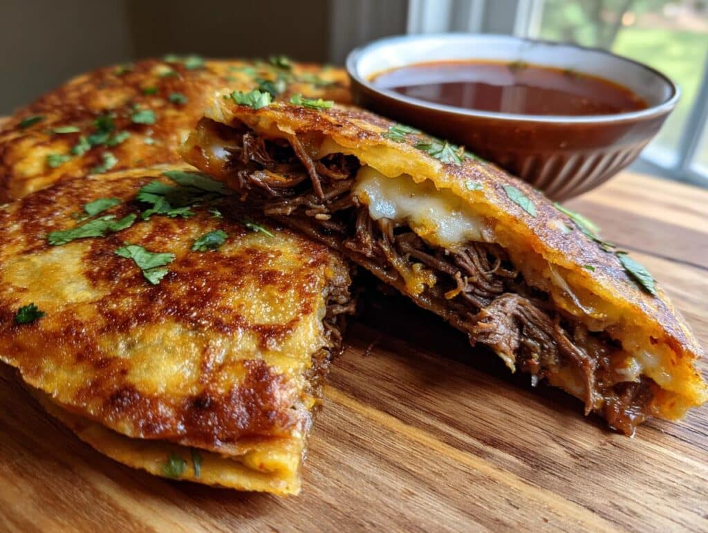 Close-up of My Fave Birria Tacos, showing juicy shredded beef and melted cheese inside a crispy tortilla, with a bowl of consommé in the background.