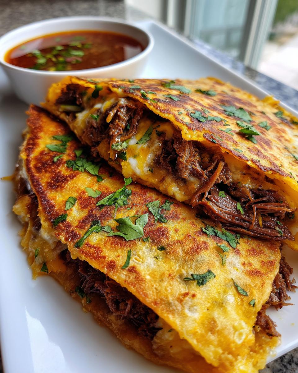 Close-up of My Fave Birria Tacos, cheesy and filled with shredded beef, with a side of consommé.