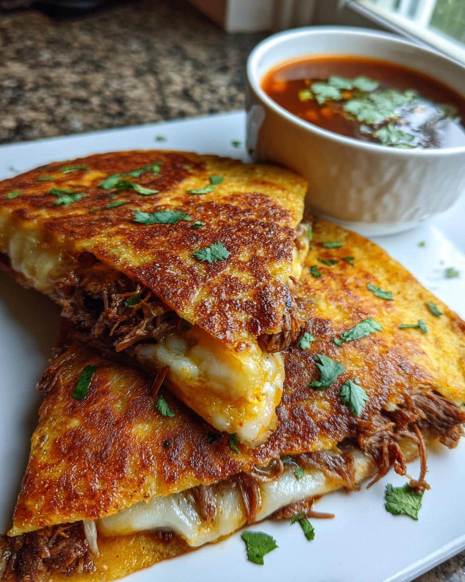 Close-up of My Fave Birria Tacos, golden brown and filled with shredded meat and melted cheese, served with a side of consommé.