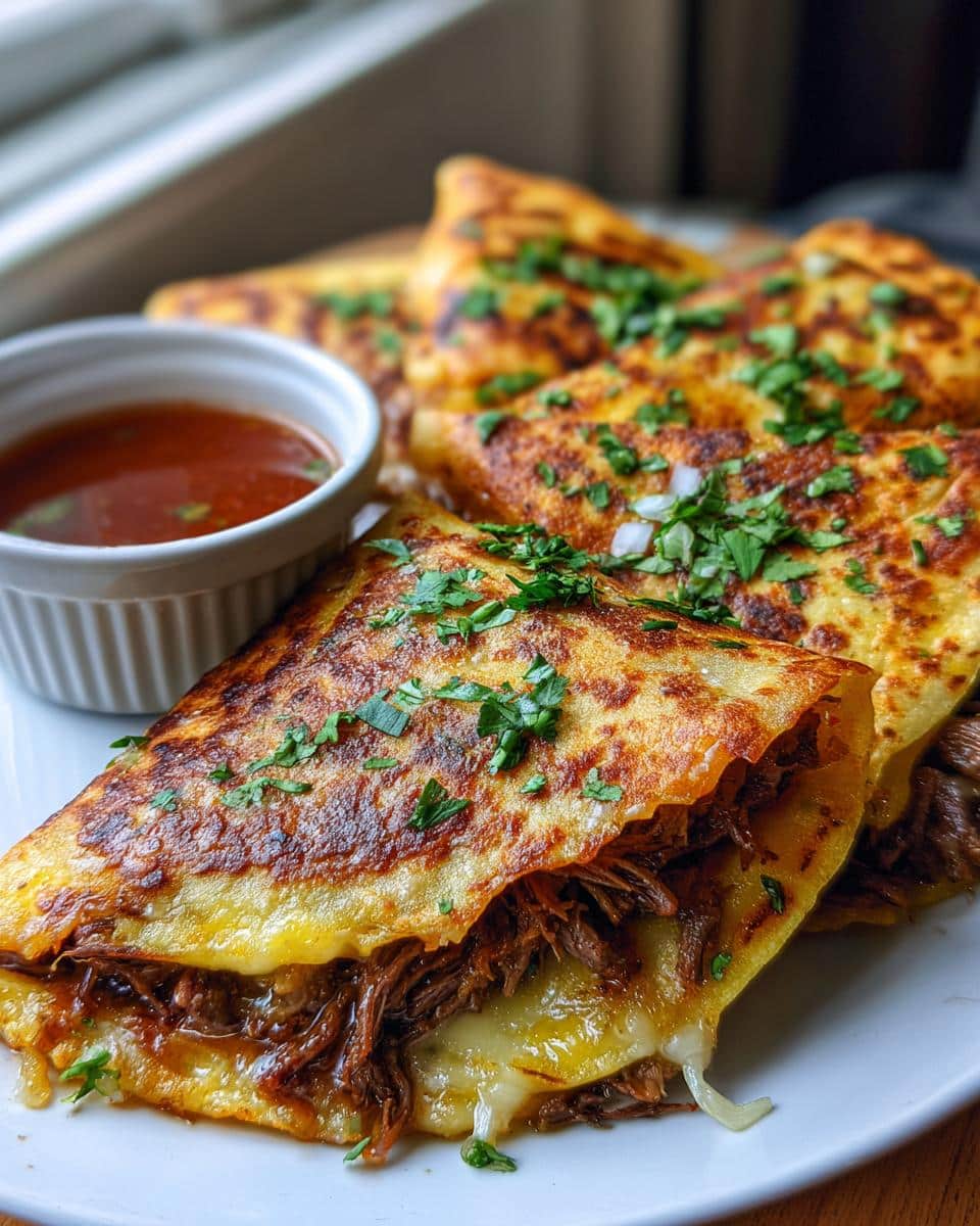 Close-up of My Fave Birria Tacos filled with shredded beef and cheese, garnished with cilantro, served with a side of consommé.