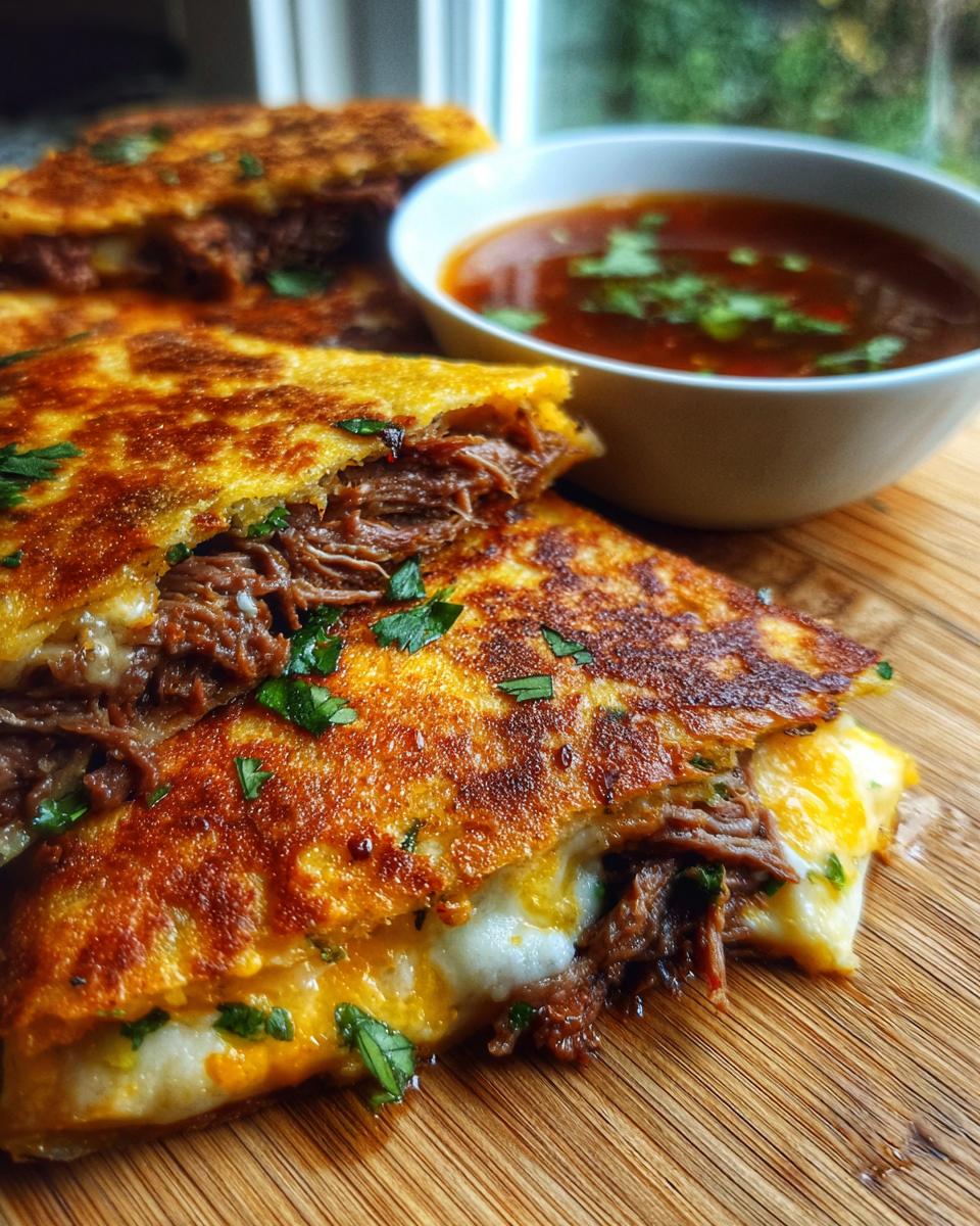 Close-up of My Fave Birria Tacos, filled with shredded beef and cheese, served with a side of consommé.