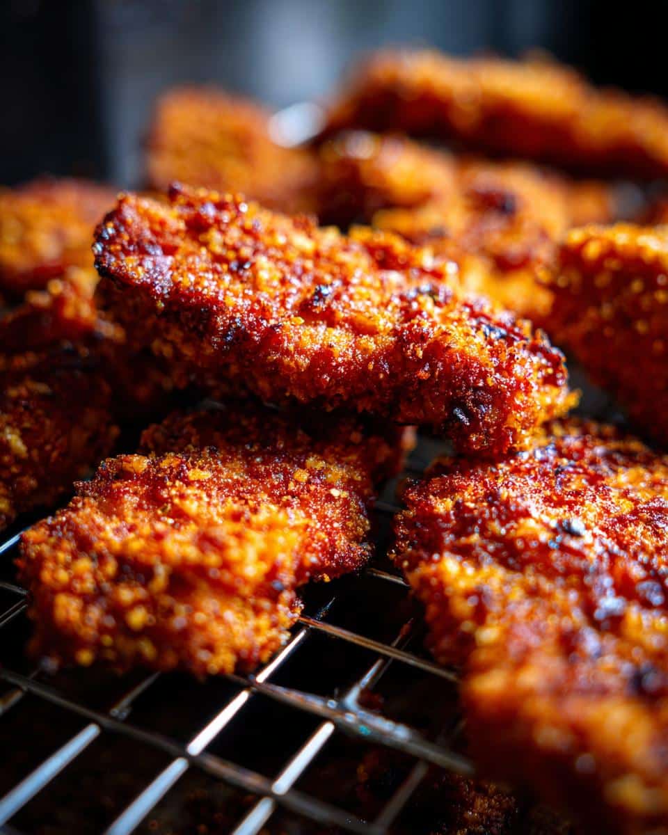 Close-up of golden brown Parmesan-Crusted Air Fryer Tenders stacked on a cooling rack.