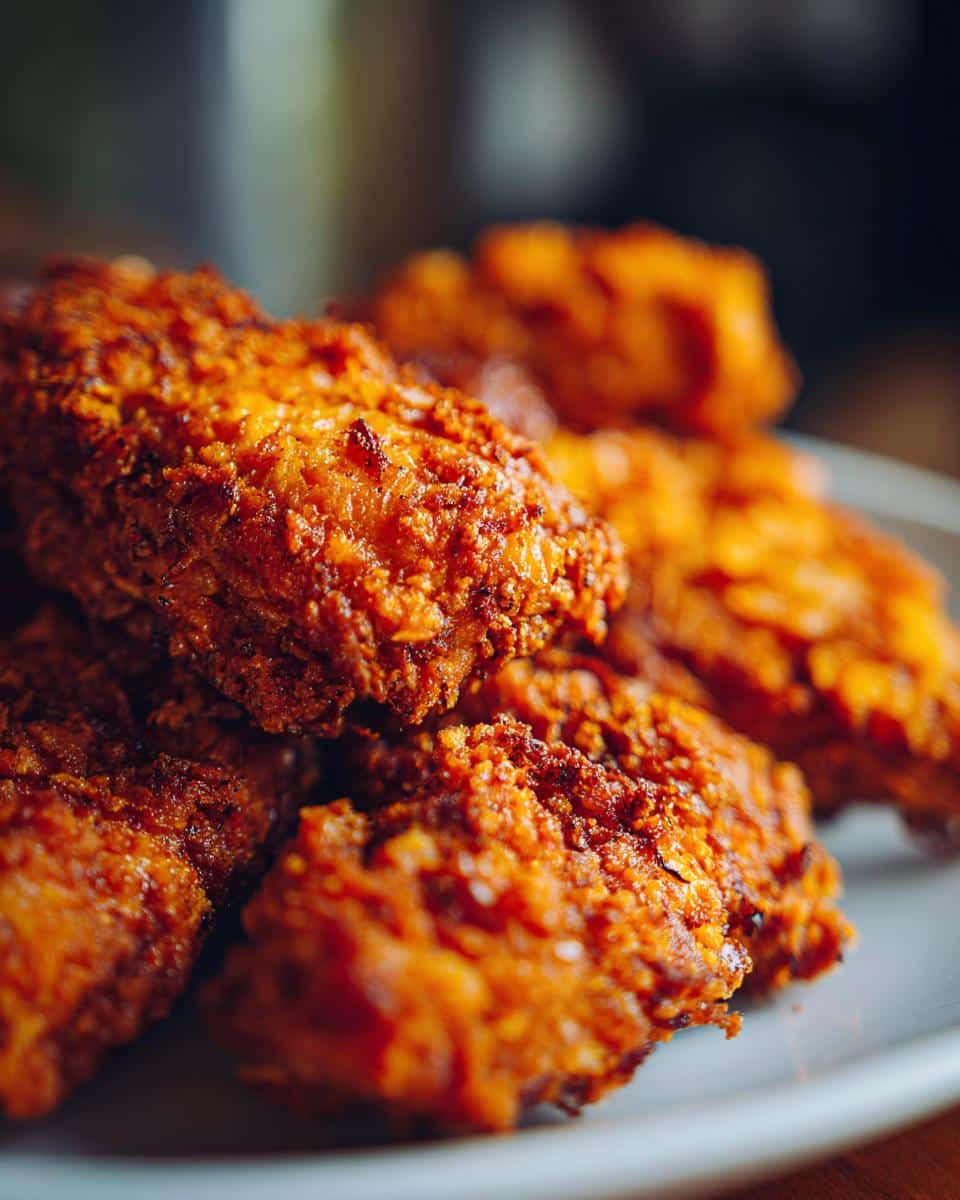 Close-up of golden brown, crispy Parmesan-Crusted Air Fryer Tenders stacked on a white plate.